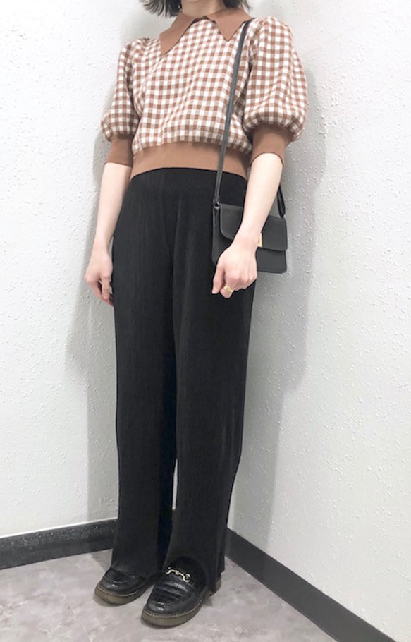 Checked PuffSleeve S/S Knit Tops（brown） ブラウン 茶色　 レトロ