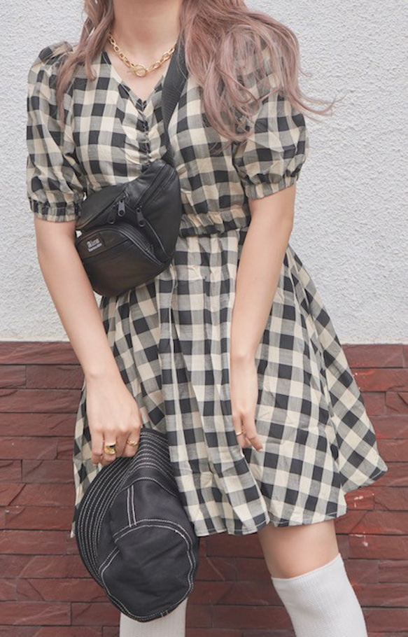 Puffsleeve Check Flare Mini Onepiece（beige）ミニワンピース ベージュ ガーリー