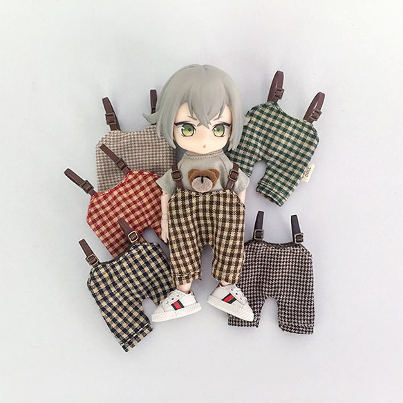 オビツ11服 チェック柄のオーバーオール ob11服 ドール衣装 ドール服 ob11 1/12サイズbjd