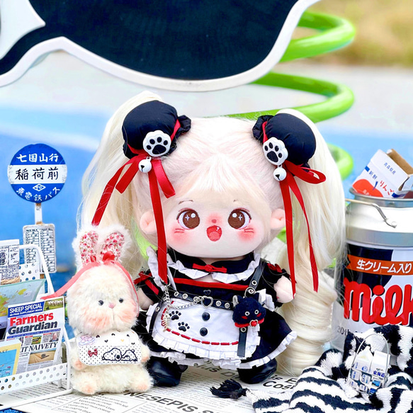 20cm着せ替えぬいぐるみ服 黒猫メイドセット 猫ぬい飾り 着せ替え人形 ぬいぐるみ ぬい服 メイド服 欧風 綿人形服