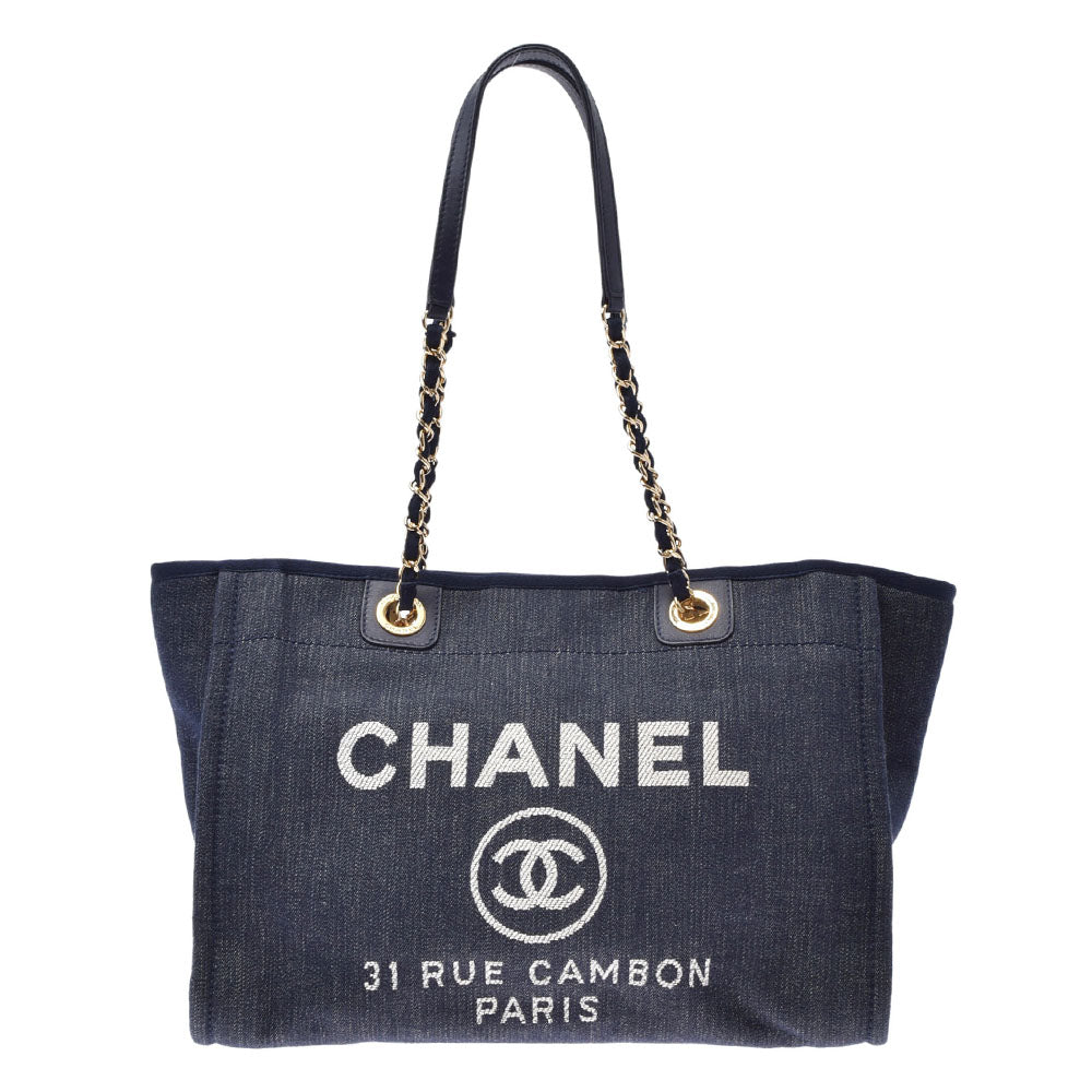 CHANEL シャネル ドーヴィル トートMM  ネイビー GP金具 レディース レザー デニム トートバッグ Aランク 中古 