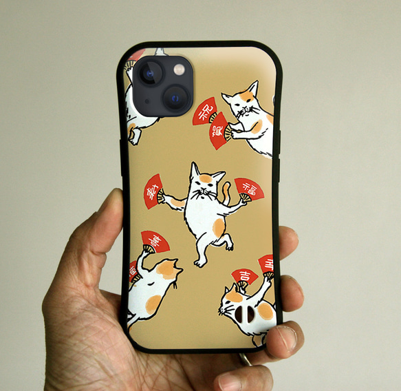 グリップiPhoneケース　福猫（イエローグレー）