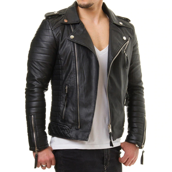 羊革キルティンライダージャケット・横縞袖 Sheep Leather Quilted Shoulder Jacket