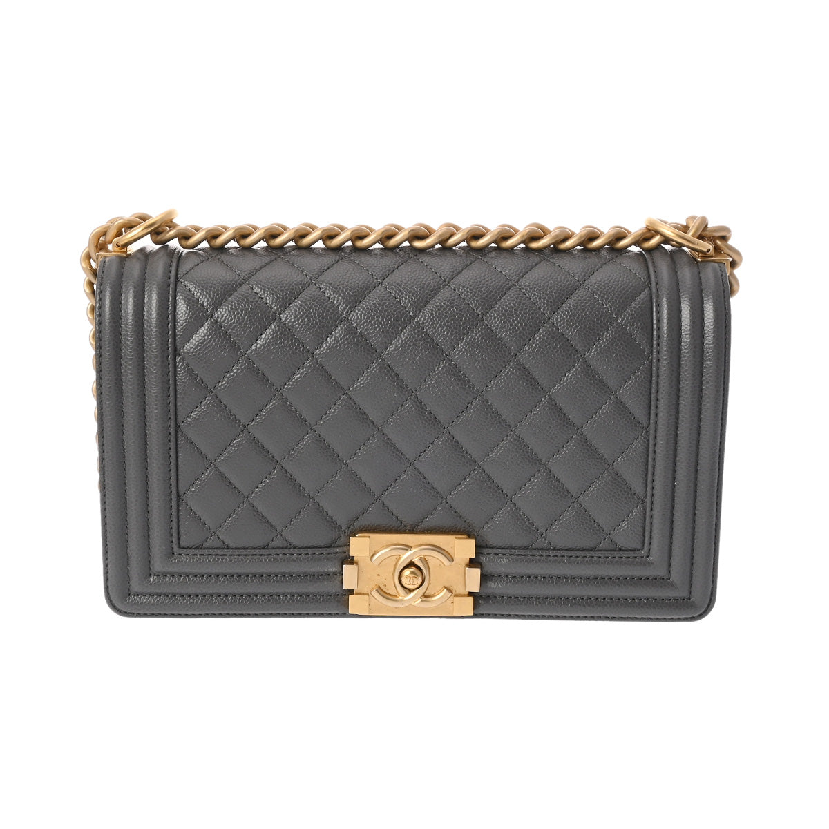 CHANEL シャネル ボーイシャネル チェーンショルダー 25cm グレー ヴィンテージゴールド金具 レディース キャビアスキン ショルダーバッグ Aランク 中古 