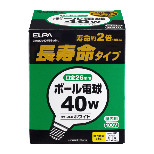 エルパ ボール球 E26口金 全光束420lm(40W長寿命タイプ) 電球色相当 GW100V40W95ASL