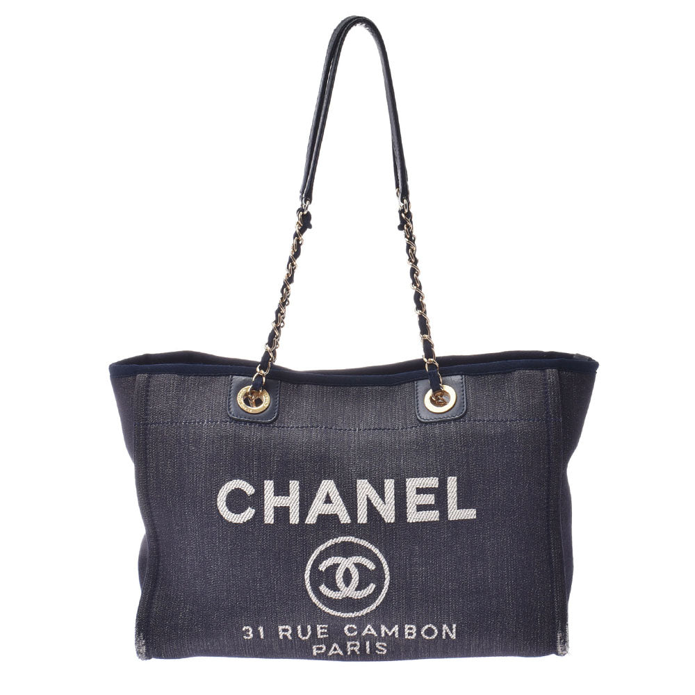 CHANEL シャネル ドーヴィル チェーントートバッグ ブルー ゴールド金具 レディース デニム レザー ショルダーバッグ Cランク 中古 