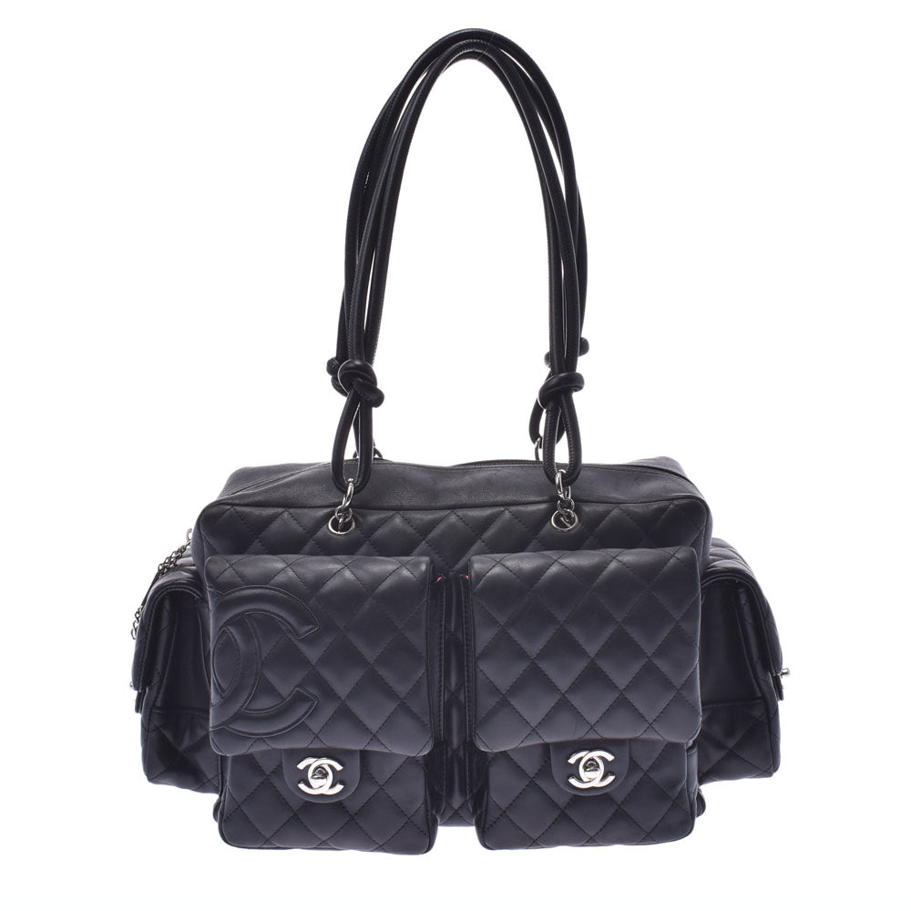 CHANEL シャネル カンボンライン マルチポケット トートバッグ 黒/黒 レディース ラムスキン ハンドバッグ ABランク 中古 