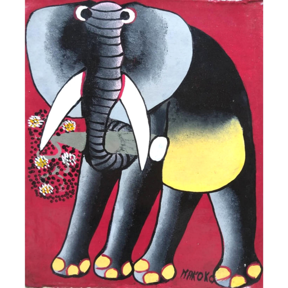 アフリカ絵画『 Tembo in red 』ティンガティンガ by Nakoko 40*30cm