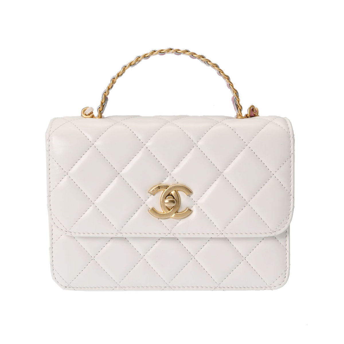 CHANEL シャネル マトラッセ トップハンドル ミニフラップバッグ 白 ゴールド金具 レディース カーフ ショルダーバッグ Aランク 中古 