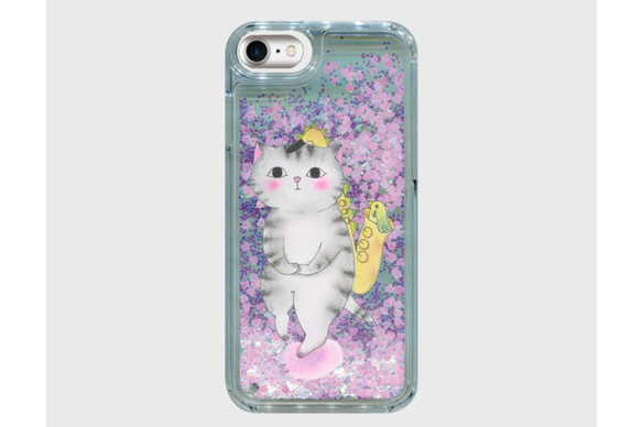 (iPhone用)サックス猫のグリッタースマホケース【楽器ねこシリーズ】