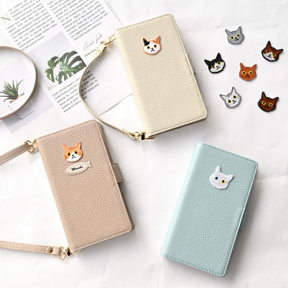 全機種対応 スマホケース 手帳型 【 simple ワッペン 猫 】 名入れ 刺繍 スマホショルダー A250I