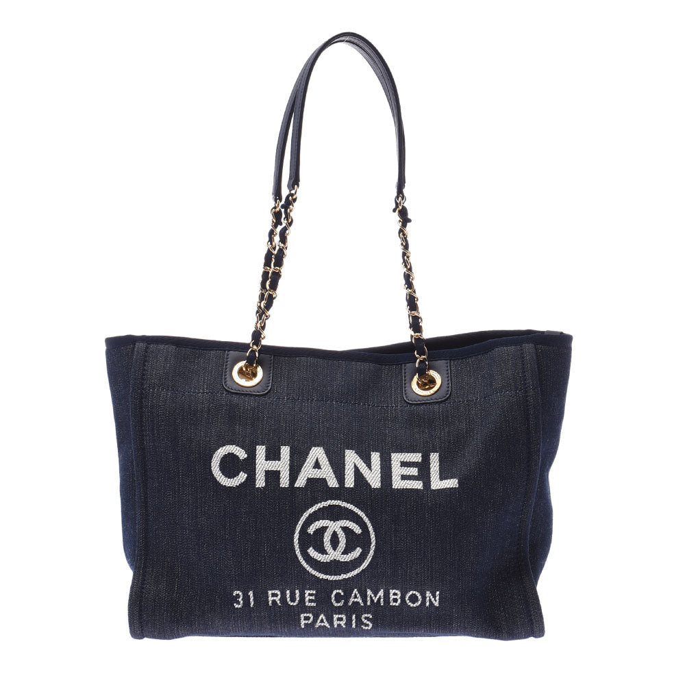 CHANEL シャネル ドーヴィル トートMM 2WAYバッグ ネイビー系 レディース デニム レザー トートバッグ Aランク 中古 