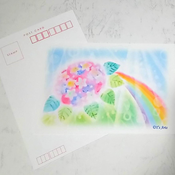 虹と紫陽花の彩り風景　ポストカード2枚セット　パステルアート絵葉書