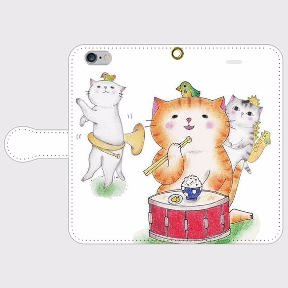 (iPhone用)スネア猫たちの手帳型スマホケース【楽器ねこシリーズ】