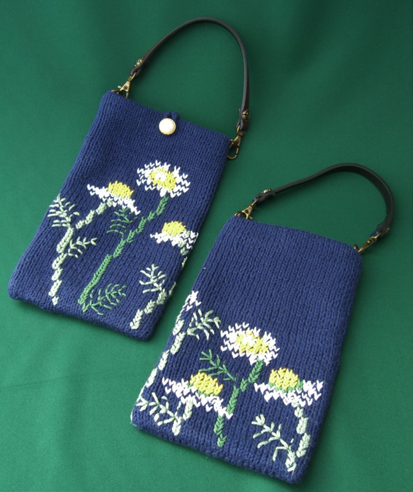 カモミールの花の柄を刺繍したスマホポシェット（スマホー１，２）