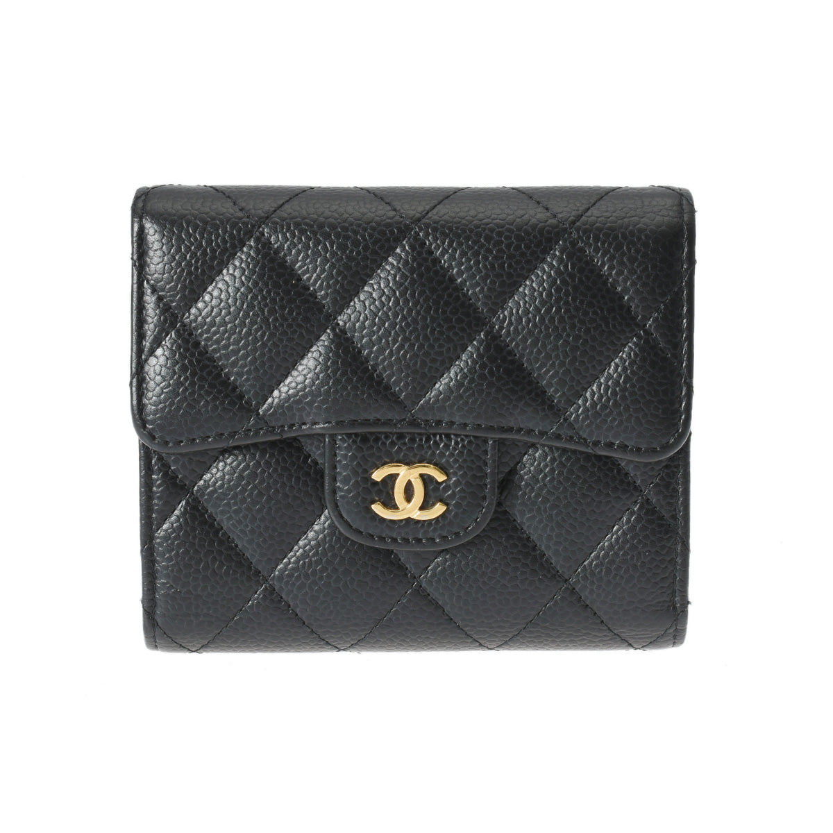 CHANEL シャネル コンパクトウォレット 黒 ゴールド金具 AP0231 レディース キャビアスキン 三つ折り財布 Bランク 中古 