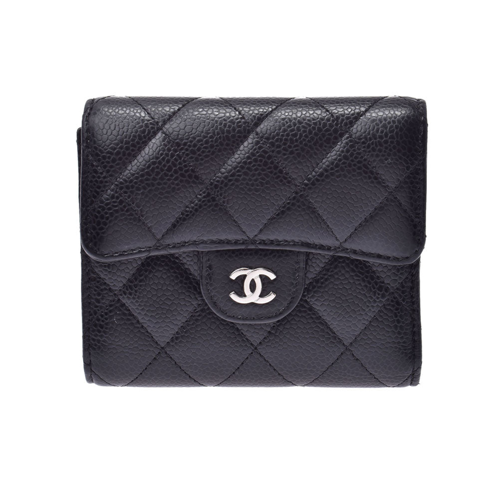 CHANEL シャネル  黒 シルバー金具 レディース キャビアスキン 二つ折り財布  中古