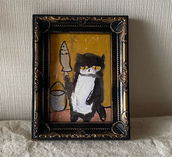 絵画。原画【かわいい黒猫が魚を釣った】