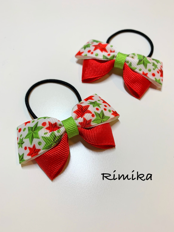 ＊2点セット＊【ベビー&キッズ】Xmasレッド&グリーンリボン☆ヘアゴム