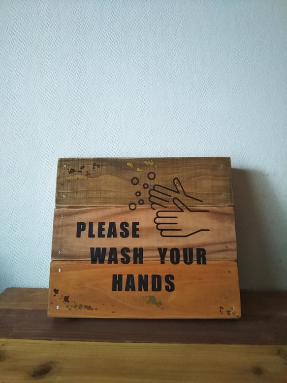 クラシック木製看板 PLEASE WASH YOUR HANDS / 自然塗装 ハンドペイント オーダー可