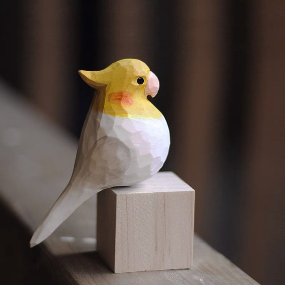 【オカメインコ】鳥好きさんへのプレゼント 置物 木彫り 文鳥 天然木 彫刻 受注制作