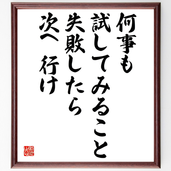 名言「何事も試してみること、失敗したら次へ行け」額付き書道色紙／受注後直筆（V4952)