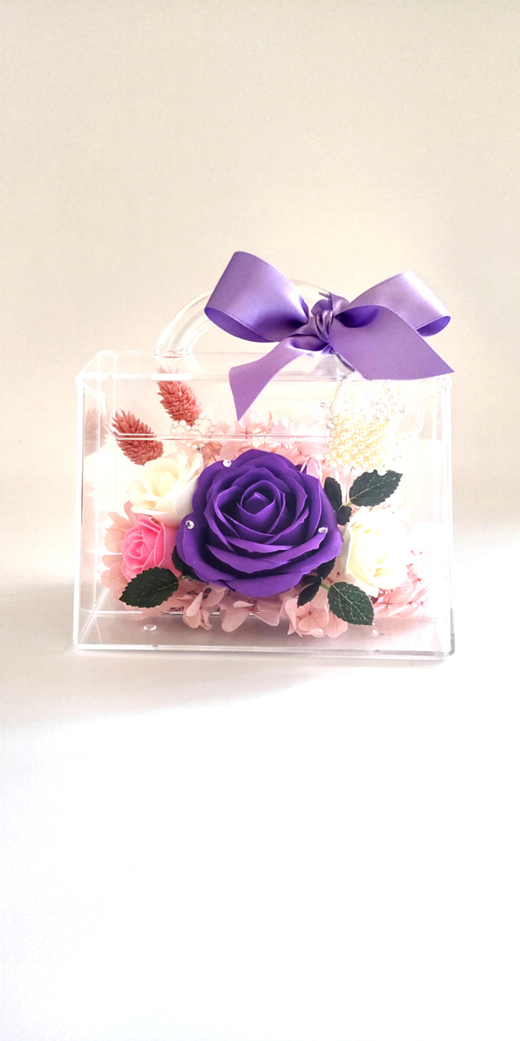 アクリルバッグ型♡上品　薔薇　紫陽花　青紫の薔薇アレンジメント　ドライフラワー　記念日　誕生日　発表会　結婚祝い