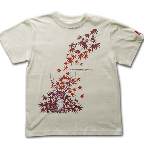 【秋鹿紅葉　ナチュラル】紅葉と鹿の美しいとりあわせ。シルクスクリーン多色刷★和柄Ｔシャツ専門店【Tシャツ工房三宝堂】