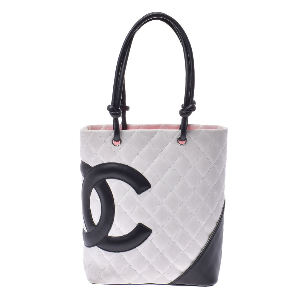 CHANEL シャネル カンボンライン スモール 白/黒 レディース ラムスキン トートバッグ Bランク 中古 