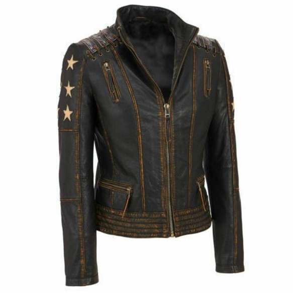 山羊革・星が付いている山羊革苦しめられたジャケット GoatLeather Star Distressed Jacket