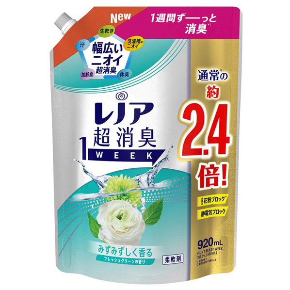 P＆G レノア超消臭 1WEEK フレッシュグリーンの香り つめかえ用 特大サイズ 920ml ﾚﾉｱ1WFｸﾞﾘ-ﾝｶｴSL920ML