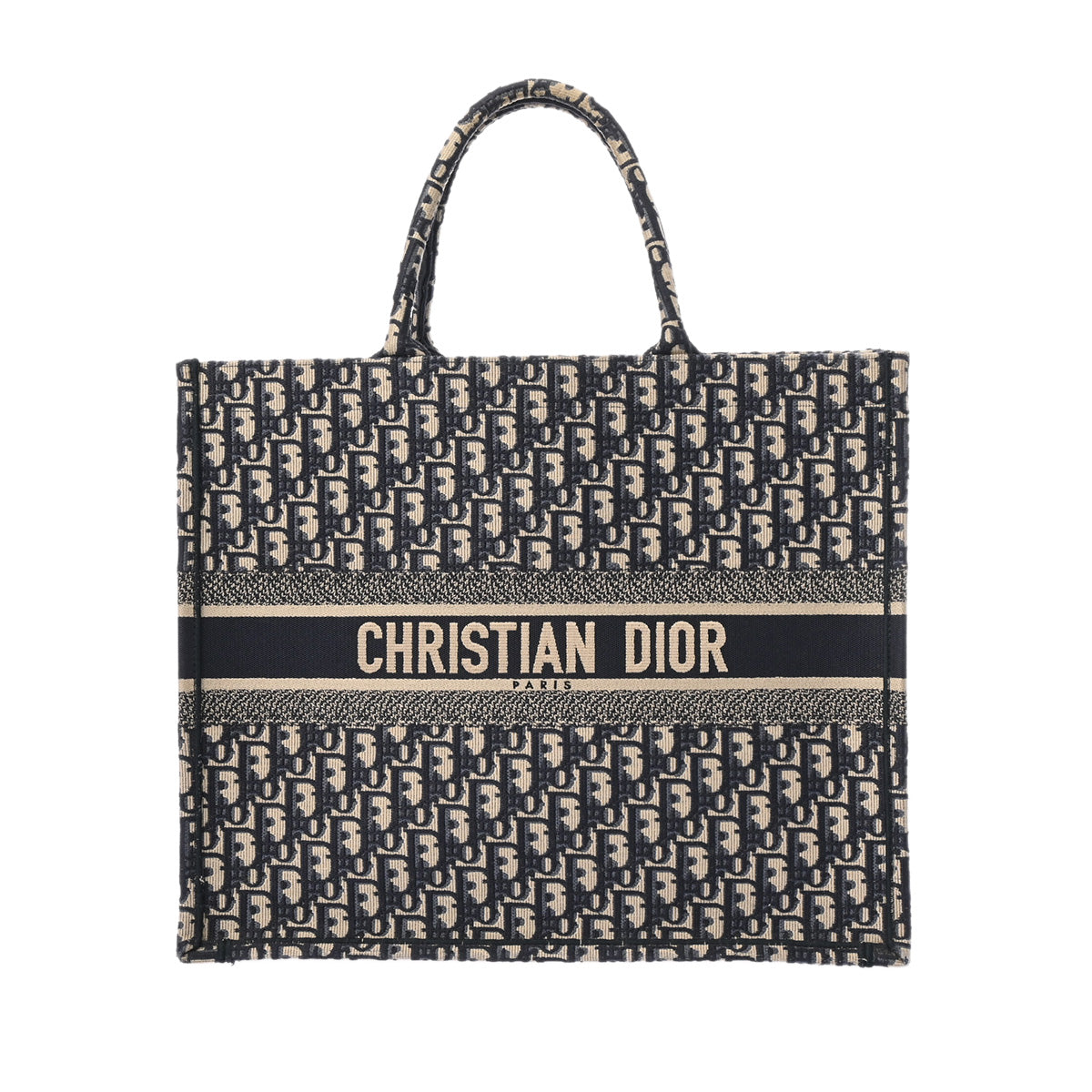 CHRISTIAN DIOR クリスチャンディオール ブックトート ラージ オブリーク ネーム入 ネイビー M1286ZRIW ユニセックス キャンバス ハンドバッグ Bランク 中古 