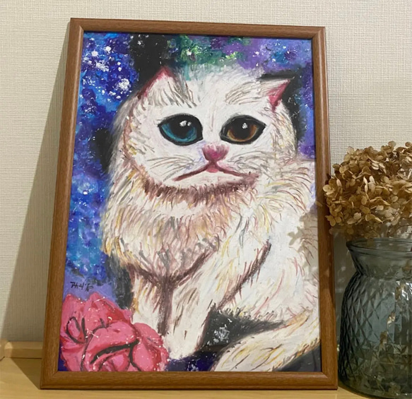 絵画 。壁掛け絵油絵原画手描き【夢幻紫陽花の中の猫】