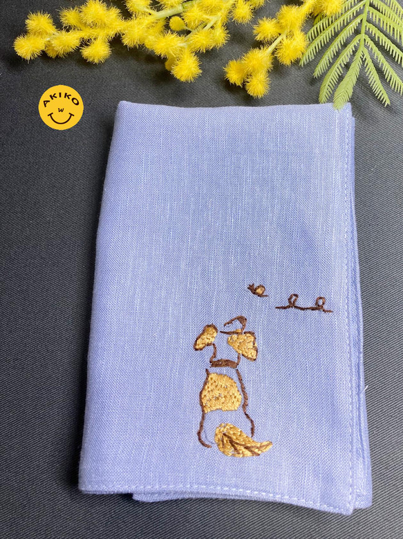 リネン手刺繍ハンカチ「犬」30cm×30cm「ふじいろ」