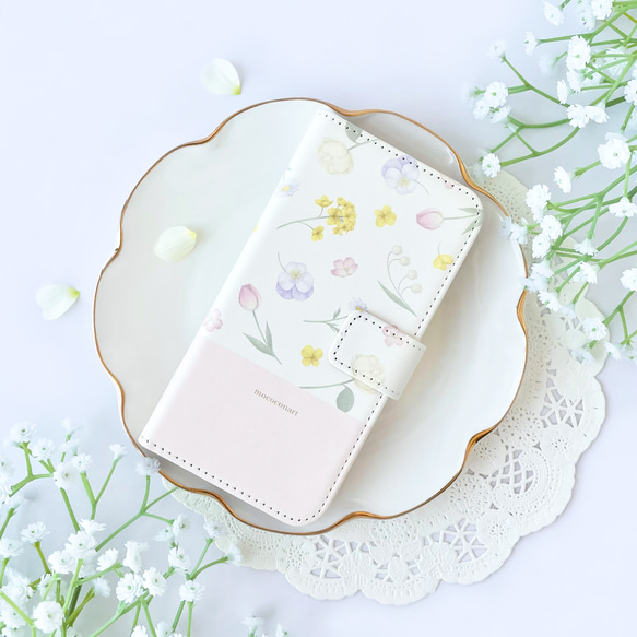 春の花々ホワイト 手帳型スマホケース iPhone Android アンドロイド 花柄 桜 チューリップ