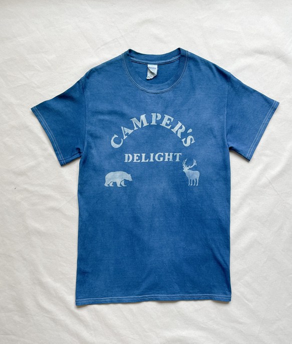 送料無料　藍染Tシャツ CAMPERS DELIGHT　キャンプ　BBQ キャンパーの喜び　絞り染め　鹿　熊