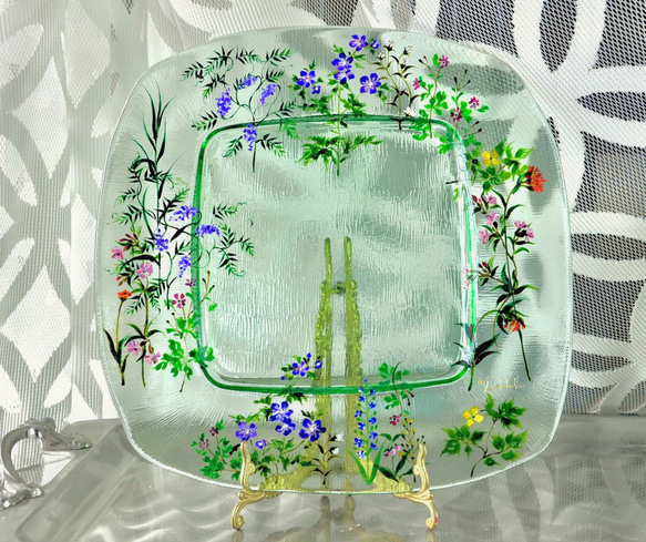 〖制作Verde belle〗グリーン　スクェアプレート26㎝Large 1枚【Pressed flowers】