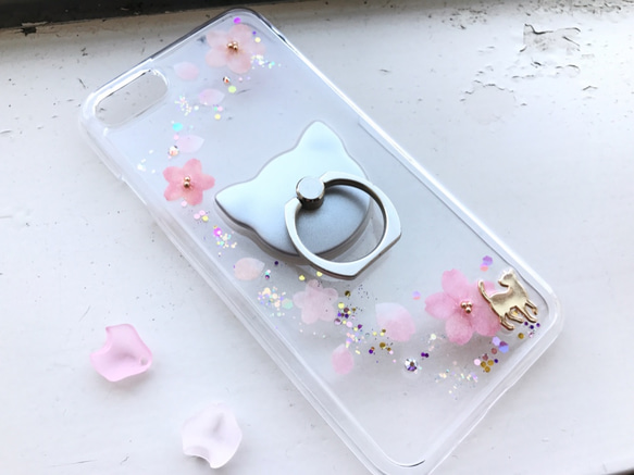 桜 猫 花 リング付き iPhoneケース スマホケース  スマホリング  ＊NEKONIKE＊