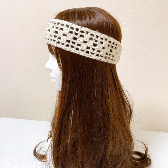 ヘアバンド　ホワイト　手編み　1年中　ハンドメイド　エスニック　透かし模様　ヘッドドレス　オールシーズン　おしゃれ