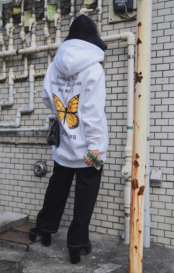 Back Slogan&Butterfly Big Sweat Hoodie white パーカー 白 ストリート