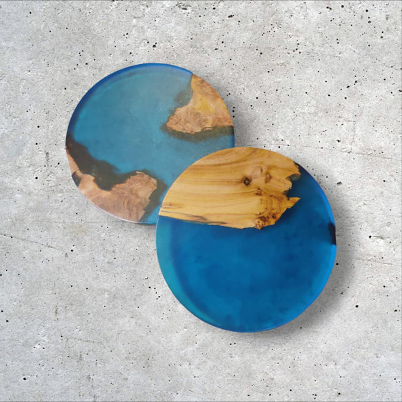 Circled ether＆wood coaster(mat blue)