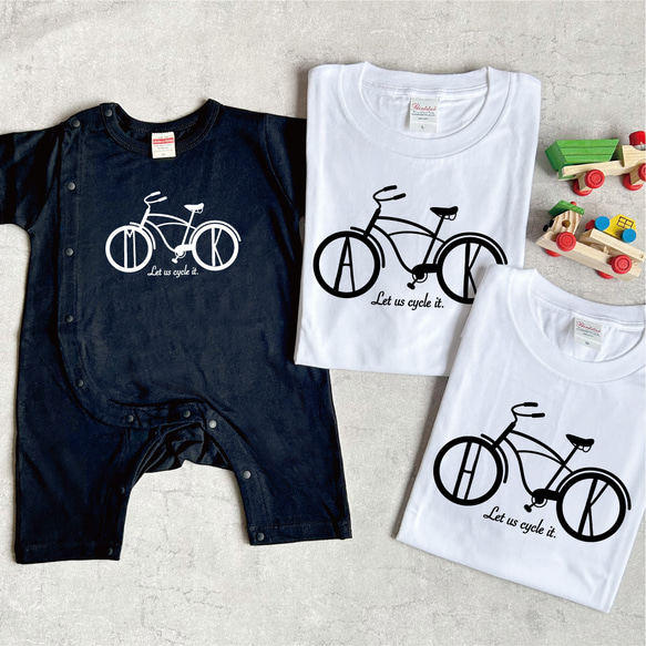 【名前可】3枚親子セット 自転車柄Tシャツ・ロンパース