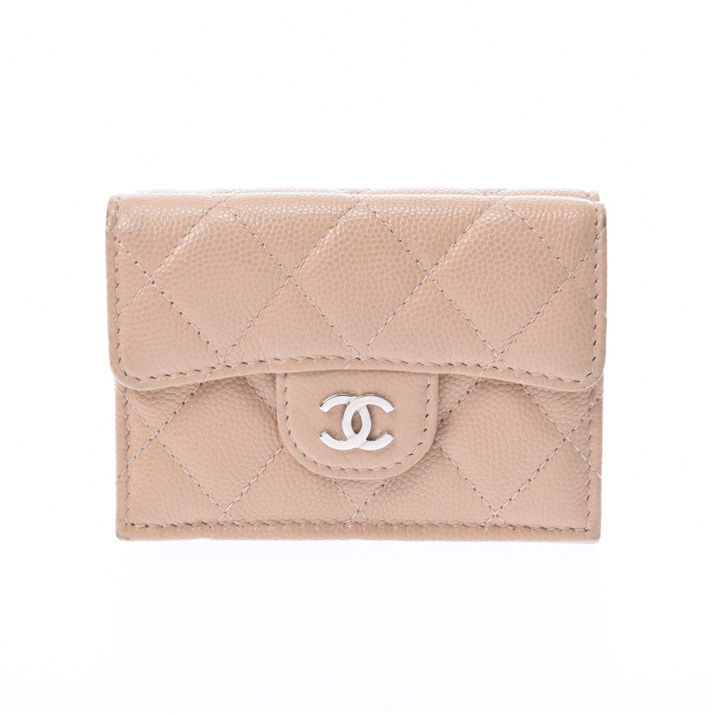 CHANEL シャネル スモールフラップウォレット ベージュ シルバー金具 レディース キャビアスキン 三つ折り財布 Bランク 中古 