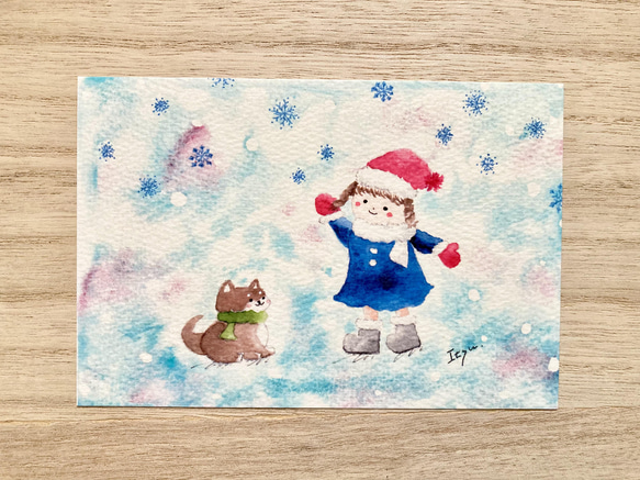 透明水彩画「豆柴ちゃんと雪遊び」3枚セット　イラスト　ポストカード　クリスマスカード　年賀状　寒中見舞い　柴犬　犬　冬