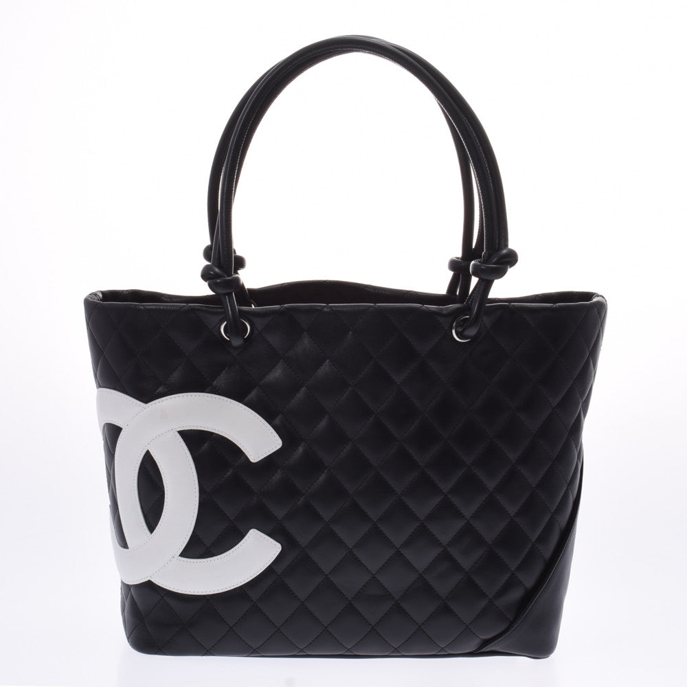 CHANEL シャネル カンボンライン ラージトート 黒/白 レディース ラムスキン トートバッグ ABランク 中古 