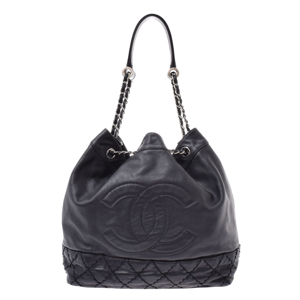 CHANEL シャネル 巾着ショルダーバッグ 黒 シルバー金具 レディース カーフ ショルダーバッグ ABランク 中古 