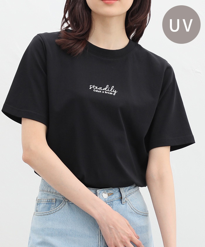 ハニーズ/ロゴ刺繍Ｔシャツ トップス Tシャツ 半袖 綿 コットン UVカット 大人カジュアル