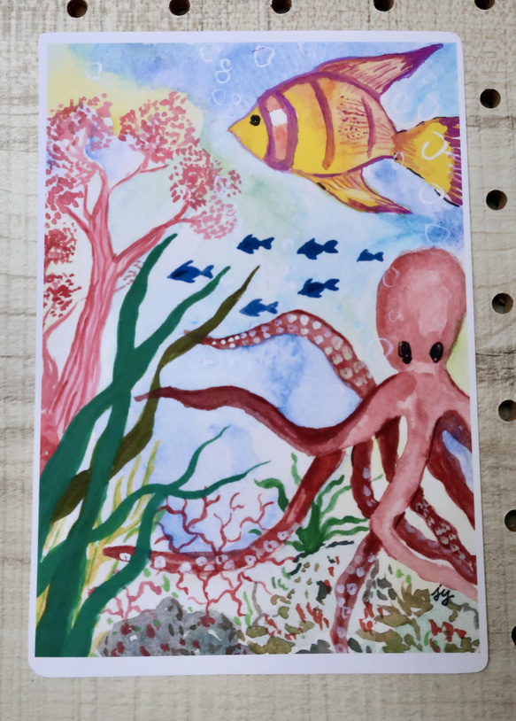 3枚セット・ミニメッセージカード２枚・手作り・Ocean animals・水彩画イラストポストカード