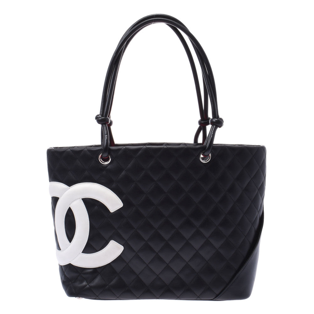 CHANEL シャネル カンボンライン ラージトート 黒/白 レディース ラムスキン トートバッグ ABランク 中古 