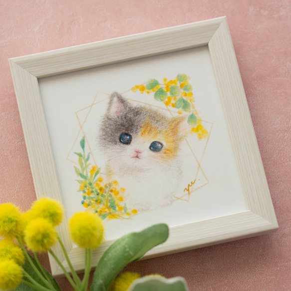 【10cm複製画・フレーム付】「見つめる子猫」　パステルアート　色鉛筆画　動物　ねこ　ネコ　イラスト